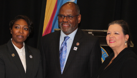 Photo of GOAL Student of the Year Crystal Wright; Dr. Jabari Simama, President of Georgia Piedmont Technical College; Kye Haymore, Rick Perkins Teacher of the Year