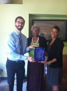 Johannes Kliner, Director of Emory University's SHINE, presents award to Judieth Williamson, Georgia Piedmont ESL night teacher, and Melanie Armstrong, Georgia Piedmont ESL night supervisor.