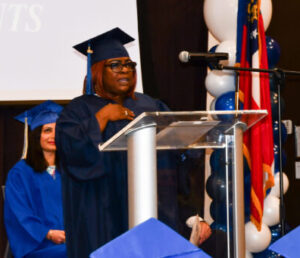 GPTC's first Career Plus adult education graduate, Yalanda Aaron addresses her fellow graduates.