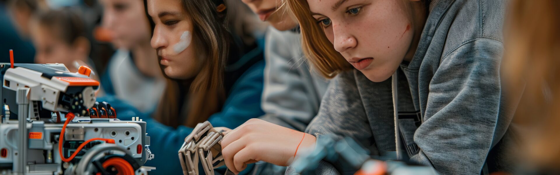 Students participating in a robotics club, building and testing robots